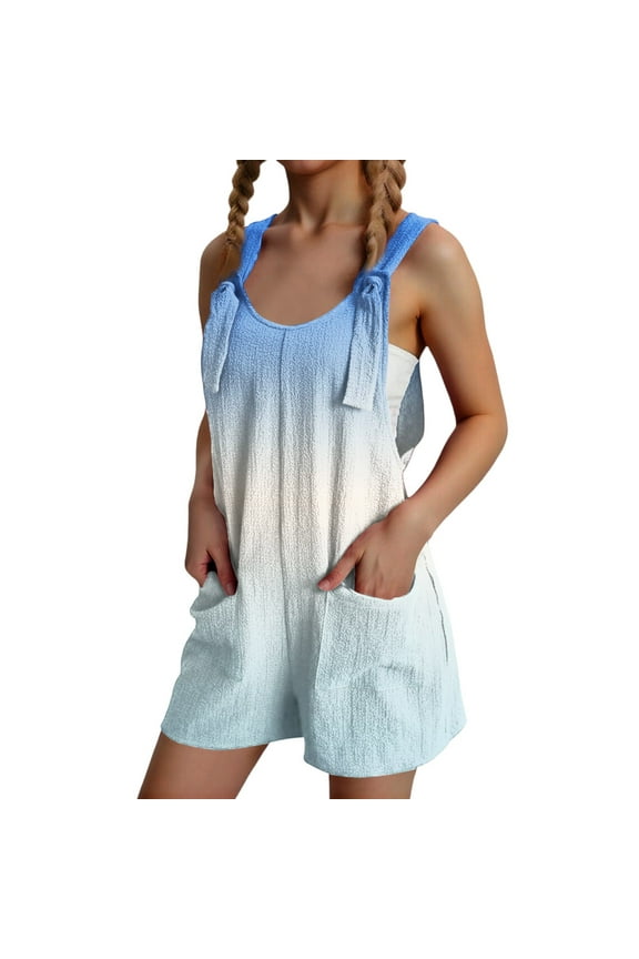 Girls Overall Shorts 10-12 Casual Sleeveless Cotton Linen Short Jumpsuits Kids Gradient Adjustable Strap Overalls for Girls Summer Clothes with Pockets 9-10 Years,Light Blue