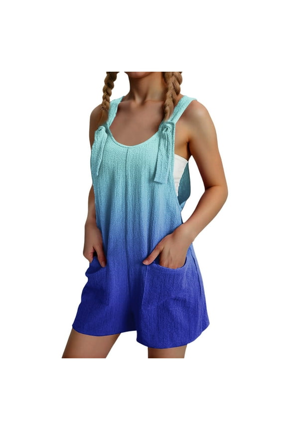 Girls Overalls Size 10-12 Sleeveless Adjustable Strap Short Jumpsuits Kids Summer Gradient Linen Girls Romper with Pockets 9-10 Years,Blue