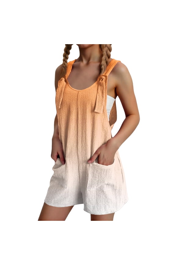 Girls Overalls Size 7-8 Sleeveless Adjustable Strap Short Jumpsuits Kids Summer Gradient Linen Girls Romper with Pockets 11-12 Years,Orange