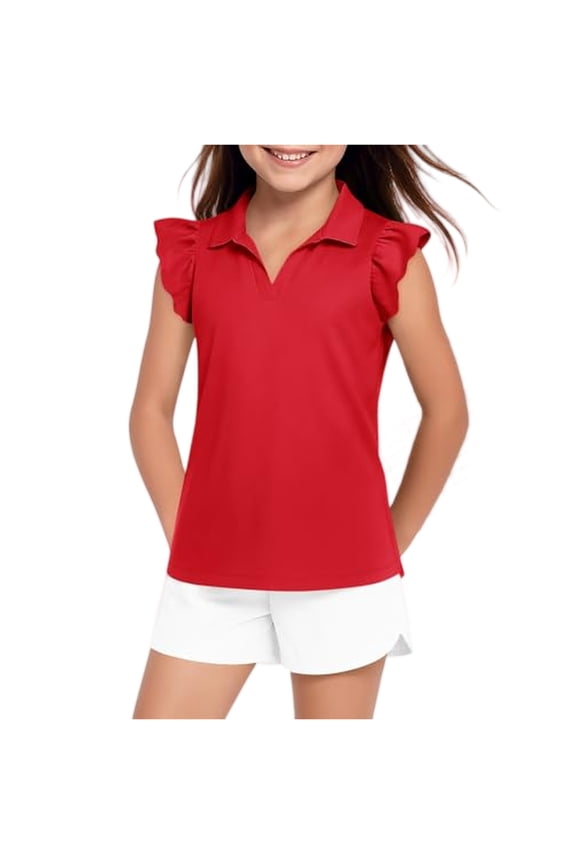 Girls Ruffle Short Sleeve Golf Polo Shirts V-Neck Collared Girls Golf Outfit Quick Dry Athletic Golf Girls Uniform Shirts