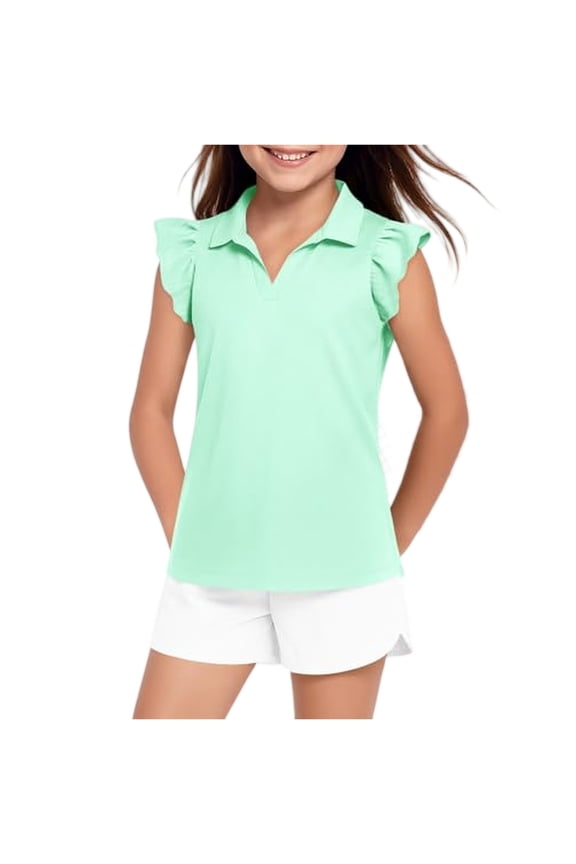 Girls Ruffle Short Sleeve Golf Polo Shirts V-Neck Collared School Uniform Tee Quick Dry Athletic Sports Girls Uniform Shirts