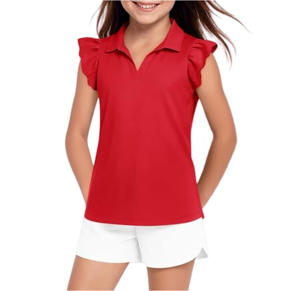 Abcomgle Girls Ruffle Short Sleeve Polo Shirts V-Neck Collared Girls Golf Shirt Quick Dry Athletic Sports Girls Uniform Shirts