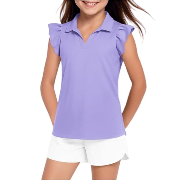 Abcomgle Girls Ruffle Short Sleeve Polo Shirts V-Neck Collared Girls Golf Shirt Quick Dry Athletic Workout Girls Uniform Shirts