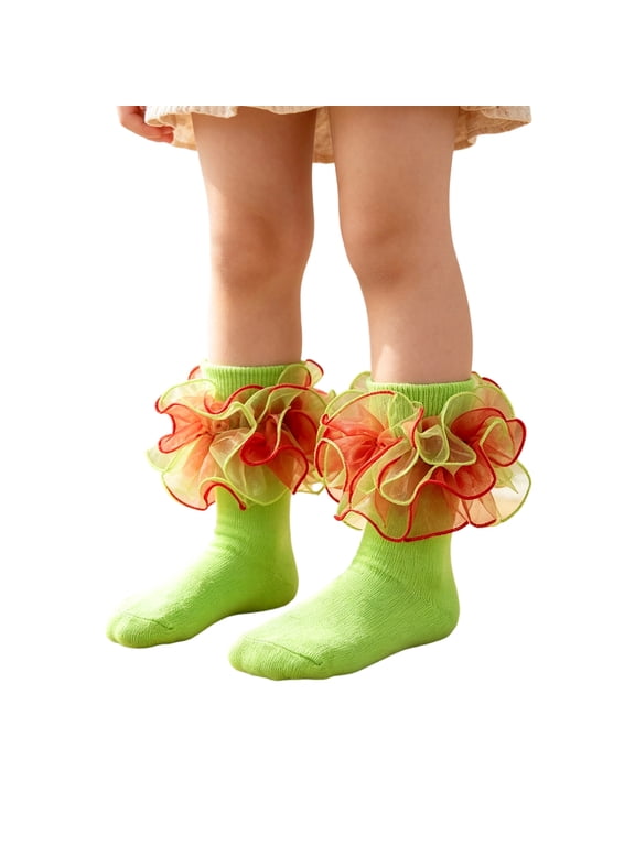 Girls Ruffle Socks 10-12 Years Old, Big Ruffle Socks | Girls Princess Eyelet Lace Sock, Comfortable Cotton Frilly Sock for Daily Wear Green