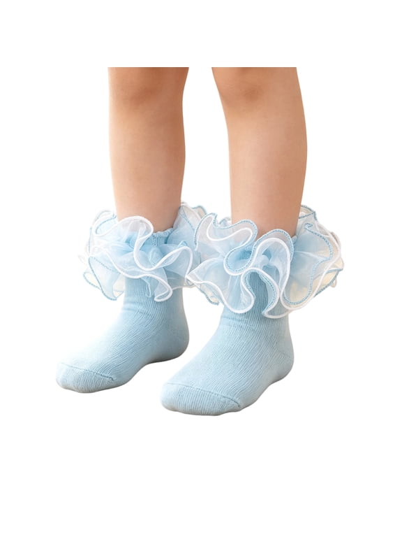 Girls Ruffle Socks Toddler Lace Frilly Dress Socks Fold Over Church Fancy Socks for Little Kids Big Girl Light Blue