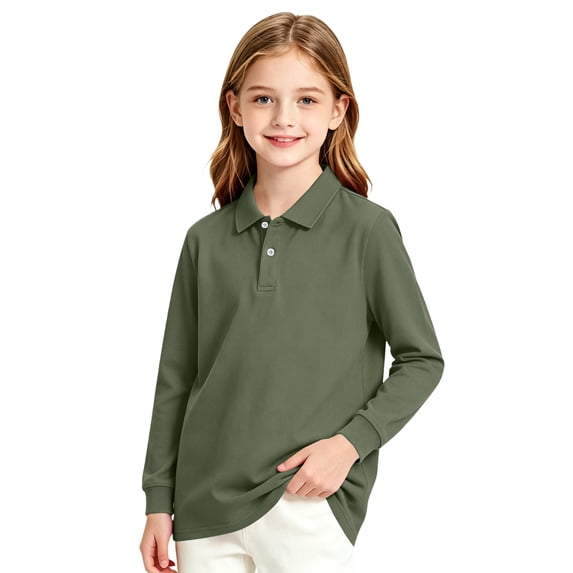 Abcomgle Girls School Uniform Polo Dress Long Sleeve Pique Polo Shirt with Collar Button Down School Shirts for Girls Moisture-Wicking Classic Girls Blouse