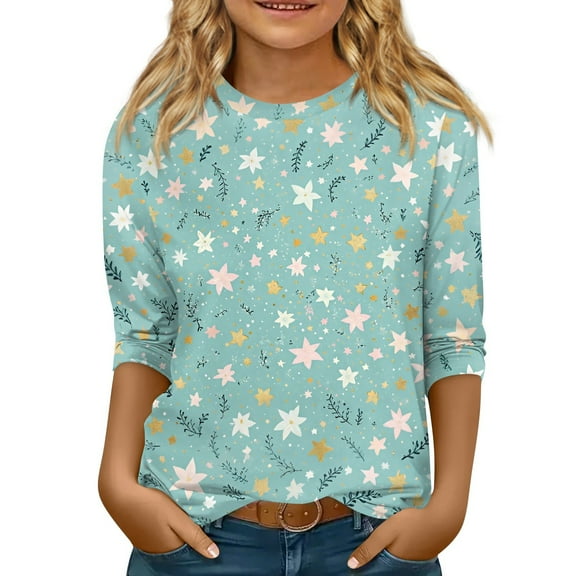 Abcomgle Girls Shirts 10-12 Crewneck Stars Graphic Girls Shirts 3/4 Sleeve Toddler T-Shirt Summer Trendy Cotton Loose Toddler Tops Girls 9-10 Years,Green