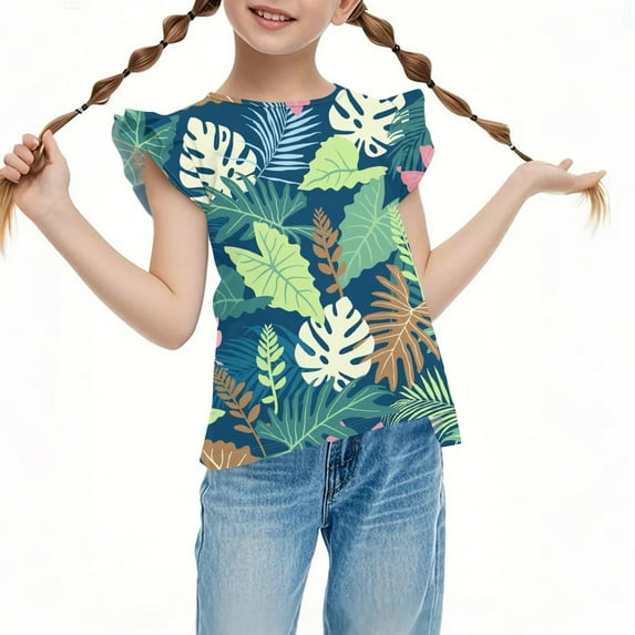 Abcomgle Girls Shirts 10-12 Summer Ruffle Short Sleeve Girls Shirts Hawaian Palm Tree Tshirt Cute Crewneck Cotton Tops 9-10 Years,Dark Green