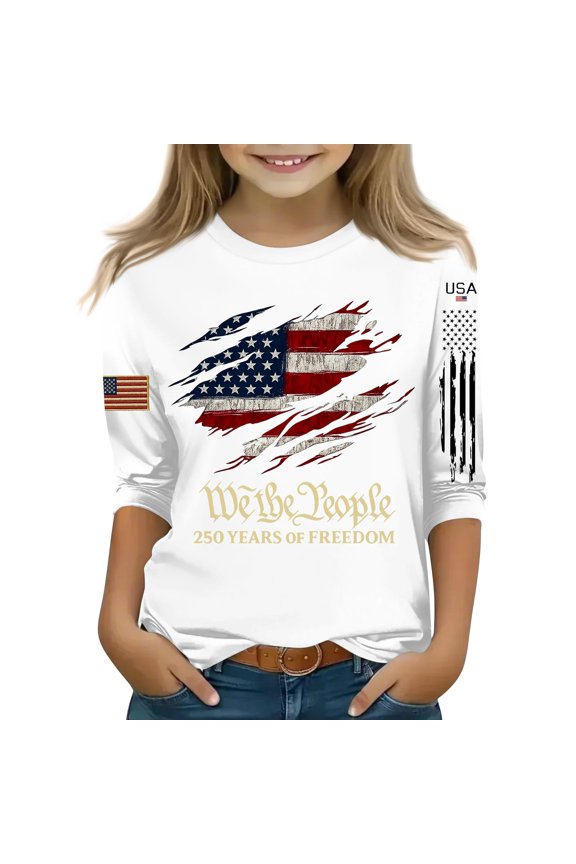 Girls Shirts 3/4 Sleeve Patriotic T Shirt 4th Of July Tshirt Crewneck 250th Anniversary Print T Shirt Independent Day Shirts,White,9-10Years
