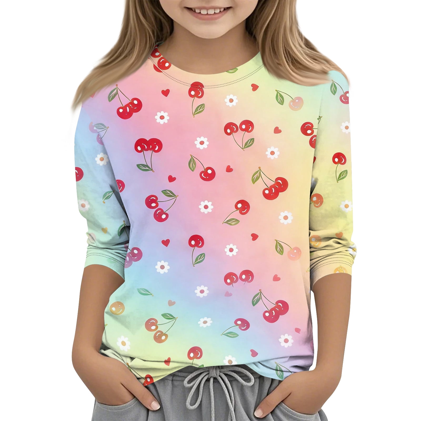 Abcomgle Girls Shirts Crewneck Daisy Flower Cherry Print Girls Shirts 3 ...