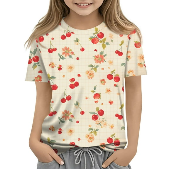 Abcomgle Girls Shirts Crewneck Short Sleeve Cherry Floral Print Tops Summer Casual Cotton Cartoon Tshirts Toddler Cute Girls Blouse 7-8 Years,Beige