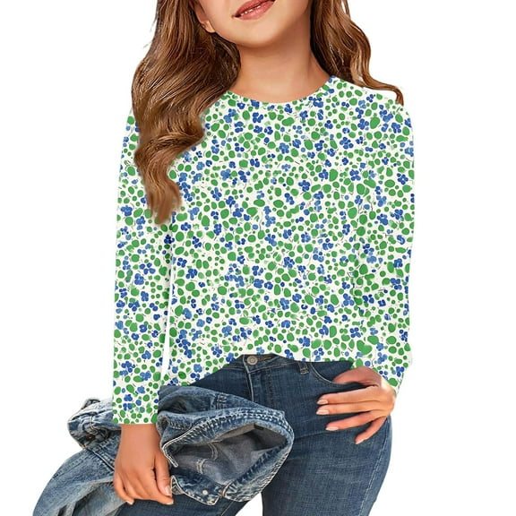 Abcomgle Girls Shirts Long Sleeve 10-12 Casual Floral Print Crewneck T-Shirts for Kids Girls Winter Basic Girls Tops Trendy Girls Tunic Tops 7-8 Years,Light Green