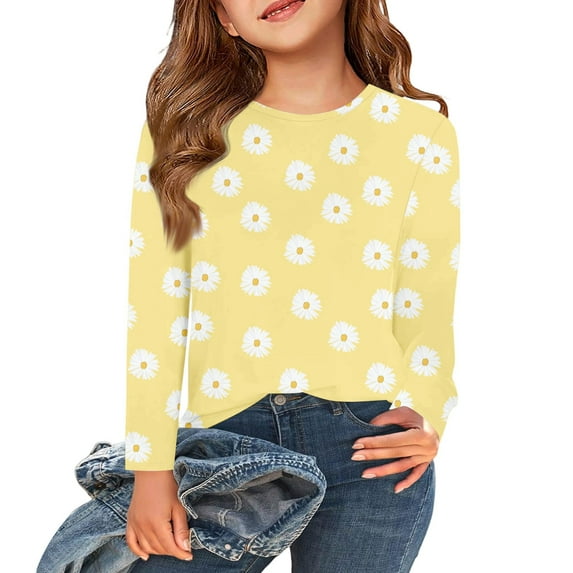 Abcomgle Girls Shirts Long Sleeve 10-12 Crewneck Fall T Shirts for Girls Casual Basic Top for Girls Cotton Daisy Flower Print Girls Blouses 9-10 Years,Earthy Yellow