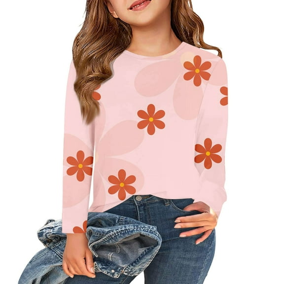 Abcomgle Girls Shirts Long Sleeve 10-12 Trendy Floral Print Crewneck T Shirts for Girls Winter Basic Girls Tops Cute Girls Tunic Tops 11-12 Years,Pink
