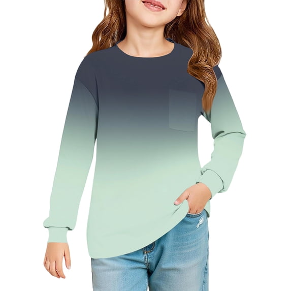 Abcomgle Girls Shirts Long Sleeve 7-8 Casual Gradient Crewneck Tshirts for Girls Fall Basic Girls Tops Loose Girls Tunic Tops with Pocket