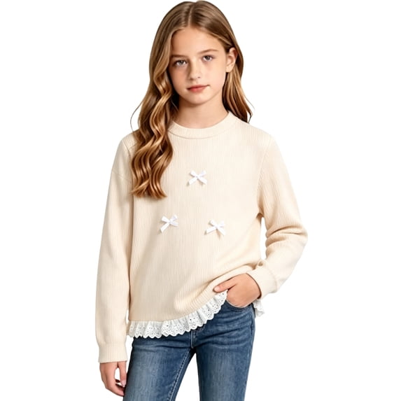 Abcomgle Girls Shirts Long Sleeve 7-8 Crewneck Fall Tshirts for Girls Ruffle Lace Hem Ribbed Top for Girls Loose Bow Girls Tunic Tops