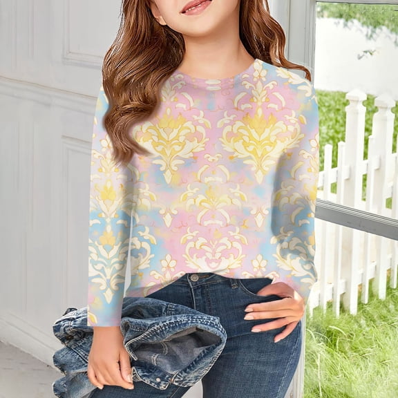 Abcomgle Girls Shirts Long Sleeve 7-8 Crewneck Spring Tee for Girls Casual Basic Girls Tops Cute Vintage Floral Print Girls Sweatshirts,2-3Years,Pink