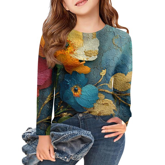 Abcomgle Girls Shirts Long Sleeve 7-8 Crewneck Winter Tee for Girls Trendy Basic Girls Tops Loose Vintage Floral Print Girls Tunic Tops,2-3Years,Dark Blue