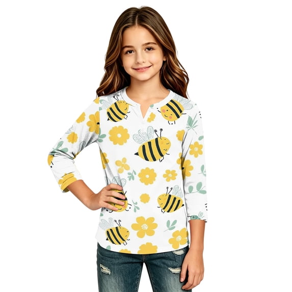 Abcomgle Girls Shirts Long Sleeve 7-8 Trendy Bee Graphic Henley Button T-Shirts for Kids Girls Winter Basic Top for Girls Loose Girls Sweatshirts