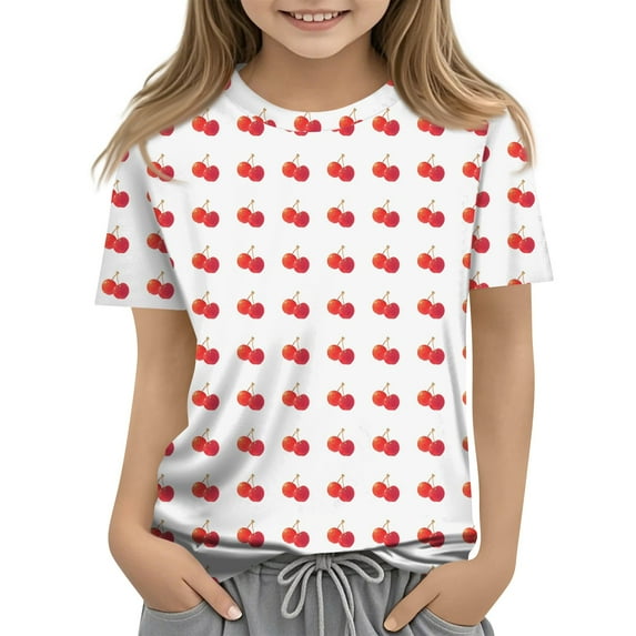 Abcomgle Girls Shirts Size 14-16 Crewneck Short Sleeve Cherry Print Toddler Tops Girls Summer Fashion Cotton Cartoon Tshirt Cute Girls Blouse 2-3 Years,Red