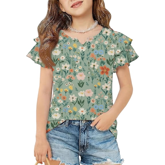 Abcomgle Girls Shirts Size 7-8 Crewneck Vintage Floral Print Toddler Girls T-Shirts Double Layer Ruffle Short Sleeve Tshirts Toddler Summer Cute Cotton Toddler Tops Girls