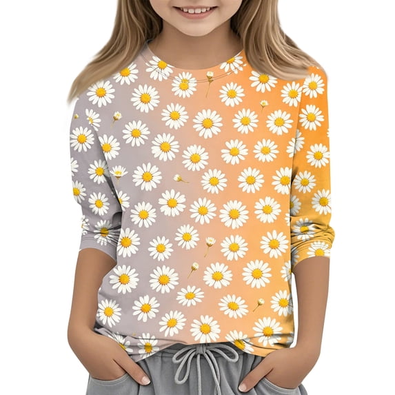 Abcomgle Girls Shirts Summer 3/4 Sleeve Girls Shirts Daisy Flower Print Tshirt Fashion Crewneck Cotton Toddler Tops Girls