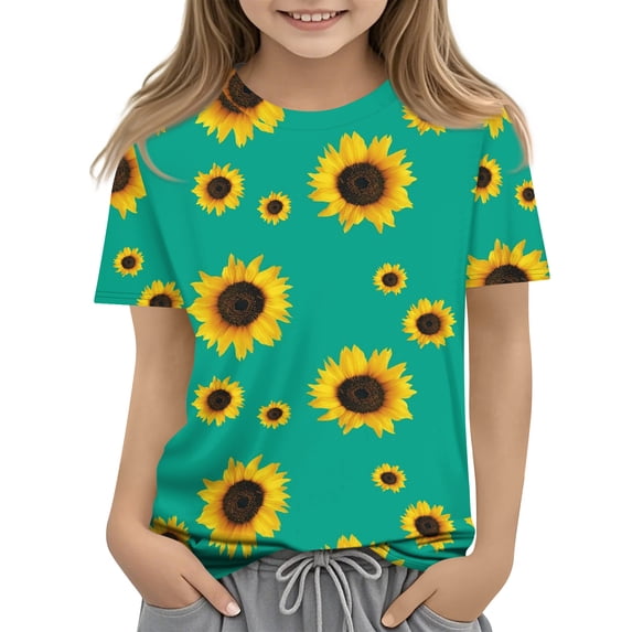 Abcomgle Girls Shirts Summer Short Sleeve Toddler Girls T-Shirts Sunflower Print Tshirt Casual Crewneck Cotton Tee Tops Girls,Green