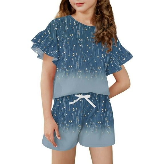 Abcomgle Girls Short Sets 4-16 Girls 2 Piece Outfits Butterfly Graphic Ruffle Sleeve T-Shirts and Elastic Waist Shorts Cute Casual Girls Outfits 8-9 Years,Blue
