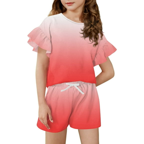 Abcomgle Girls Short Sets 4-16 Girls 2 Piece Outfits Gradient Ruffle Sleeve Tshirts and Elastic Waist Shorts Cute Casual Girls Shorts Set 12-13 Years,Red