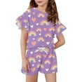thumbnail image 1 of Abcomgle Girls Short Sets 4-16 Girls 2 Piece Outfits Vintage Floral Ruffle Sleeve Tshirts and Elastic Waist Shorts Cute Casual Girls Outfits 14-15 Years,Purple, 1 of 5