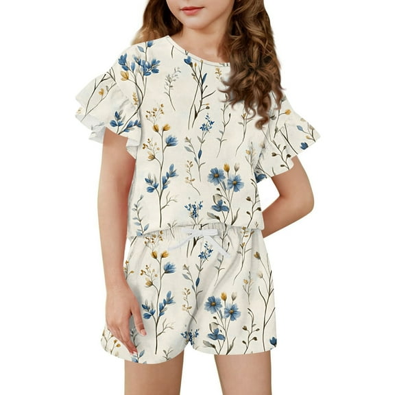 Abcomgle Girls Short Sets 4-16 Girls Two Piece Outfits Cloud Graphic Ruffle Sleeve T-Shirts and Elastic Waist Shorts Cute Trendy Girls' Clothing Sets 4-5 Years,Beige