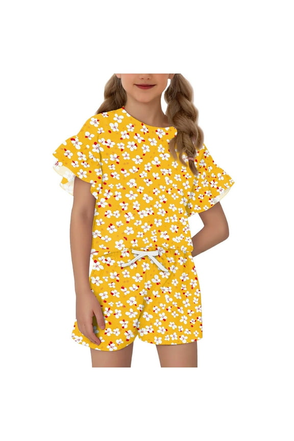 Girls Short Sets 4-16 Girls Two Piece Outfits Gradient Ruffle Sleeve Tshirts and Elastic Waist Shorts Cute Casual Girls Shorts Set 8-9 Years,Yellow