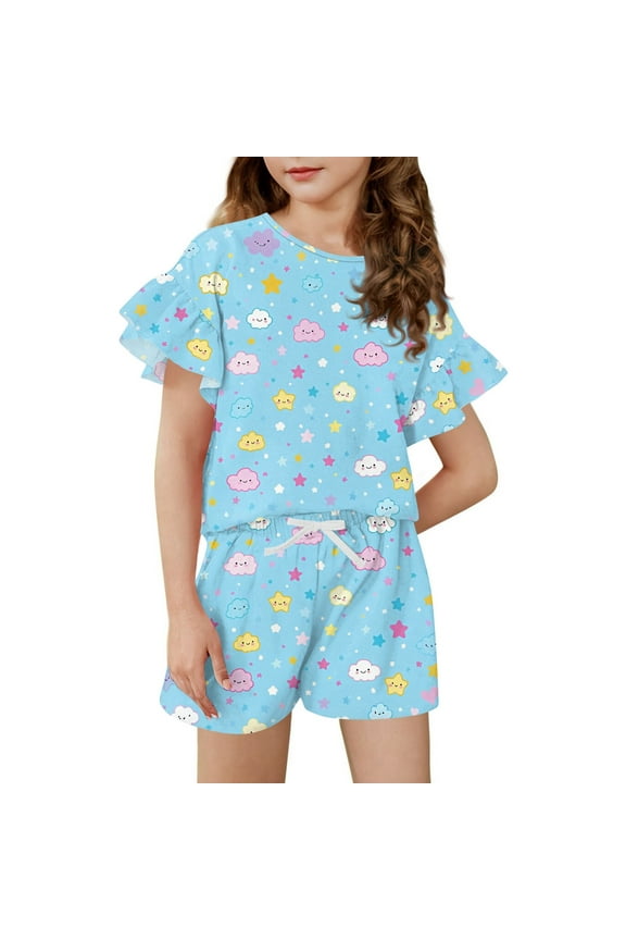 Girls Short Sets Size 10-12 Girls 2 Piece Outfits Balloon Graphic Ruffle Sleeve Shirts and Elastic Waist Shorts Cute Casual Girls Short Sets 10-11 Years,Blue