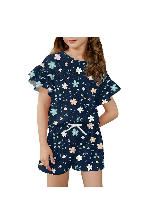 Girls Short Sets Size 10-12 Girls 2 Piece Outfits Rainbow Graphic Ruffle Sleeve Tshirts and Elastic Waist Shorts Cute Preppy Girls Shorts Set 10-11 Years,Dark Blue