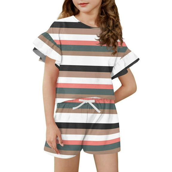 Abcomgle Girls Short Sets Size 10-12 Girls Two Piece Outfits Floral Print Ruffle Sleeve Tee Top and Elastic Waist Shorts Cute Casual Girls Outfits 12-13 Years,Multicolor