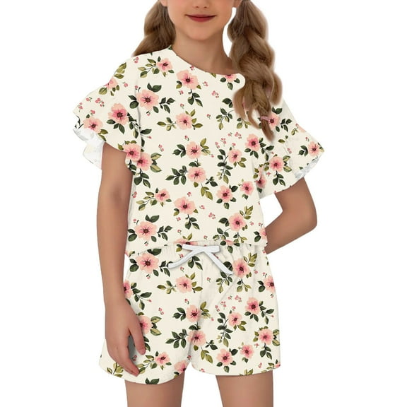 Abcomgle Girls Short Sets Size 10-12 Girls Two Piece Outfits Gradient Ruffle Sleeve T-Shirts and Elastic Waist Shorts Cute Casual Girls' Clothing Sets 8-9 Years,Beige