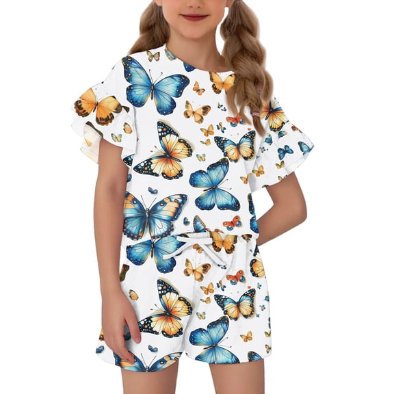 Abcomgle Girls Short Sets Size 10-12 Girls Two Piece Outfits Gradient Ruffle Sleeve Tee Top and Elastic Waist Shorts Cute Casual Summer Sets for Girls 8-9 Years,Blue