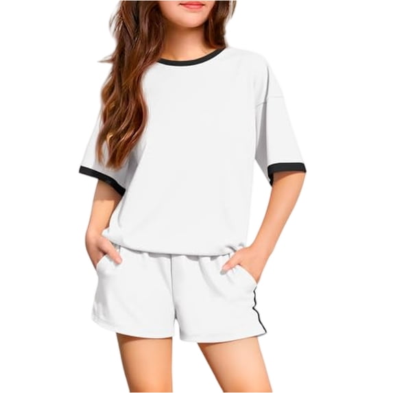 Abcomgle Girls Short Sets Size 7-8 Girls 2 Piece Outfits Colorblock Short Sleeve Tee Top and Elastic Waist Shorts Cute Casual Summer Sets for Girls,White,7-8Years