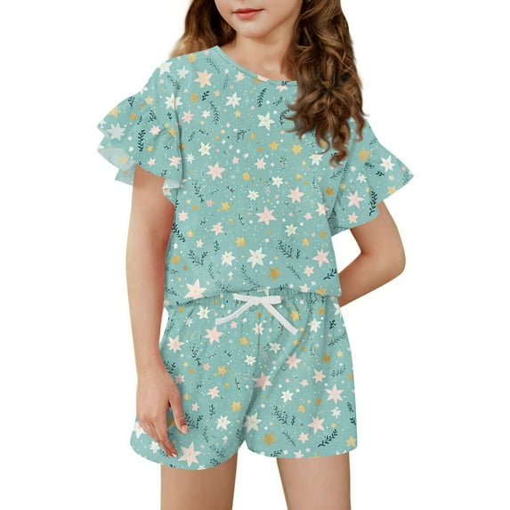 Abcomgle Girls Short Sets Size 7-8 Girls 2 Piece Outfits Gradient Ruffle Sleeve T-Shirts and Elastic Waist Shorts Cute Casual Girls' Clothing Sets 6-7 Years,Turquoise