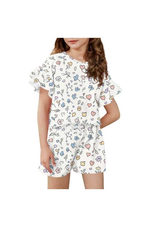 Girls Short Sets Size 7-8 Girls 2 Piece Outfits Pumpkin Graphic Ruffle Sleeve T-Shirts and Elastic Waist Shorts Cute Trendy Girls Summer Outfits 6-7 Years,White