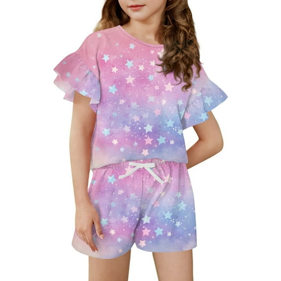 Abcomgle Girls Short Sets Size 7-8 Girls 2 Piece Outfits Vintage Floral Ruffle Sleeve T-Shirts and Elastic Waist Shorts Cute Casual Girls' Clothing Sets 4-5 Years,Purple Pink