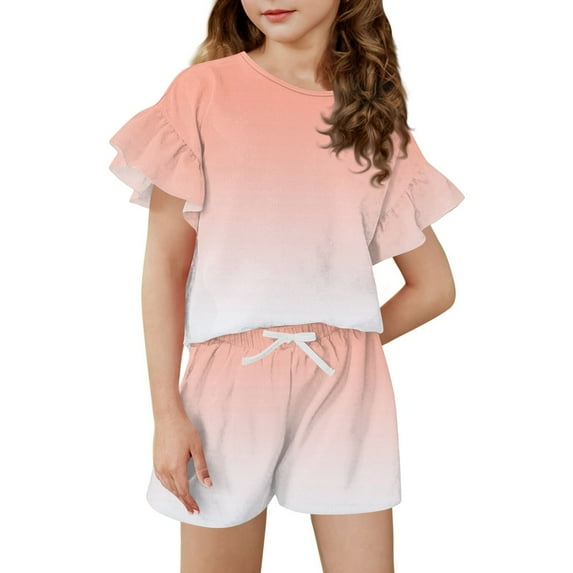 Abcomgle Girls Short Sets Size 7-8 Girls Two Piece Outfits Floral Print Ruffle Sleeve Tshirts and Elastic Waist Shorts Cute Preppy Girls Summer Outfits 8-9 Years,Orange