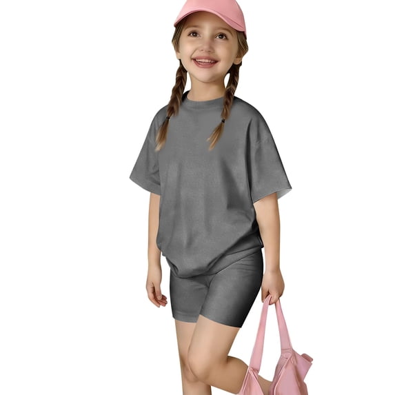 Abcomgle Girls Short Sets Size 7-8 Girls Two Piece Outfits Oversized Short Sleeve Shirts and Biker Shorts Athletic Casual Girls Short Sets,Dark Gray,12-13Years