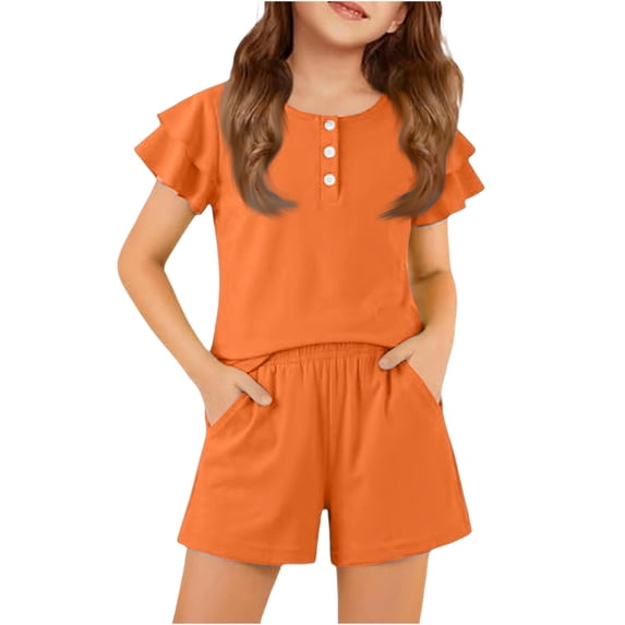 Abcomgle Girls Short Sets Size 7-8 Girls Two Piece Outfits Ruffle Sleeve Button Down Tshirts and Elastic Waist Shorts Cute Trendy Summer Sets for Girls,Orange,11-12Years