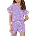 thumbnail image 1 of Abcomgle Girls Short Sets Size 7-8 Girls Two Piece Outfits Stars Graphic Ruffle Sleeve Tshirts and Elastic Waist Shorts Cute Casual Girls Outfits 12-13 Years,Purple, 1 of 5