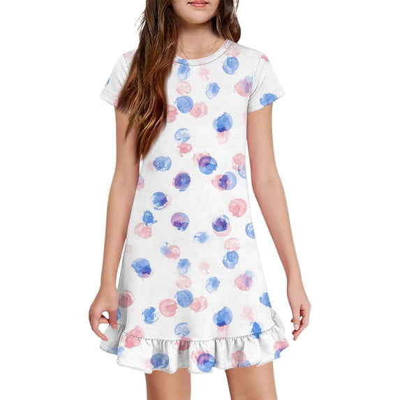 Abcomgle Girls Short Sleeve Dresses Casual A-Line Short Sleeve Midi Dress Floral Print Ruffle Hem Swing Beach Sundresses with Pockets for 4-14t Kids