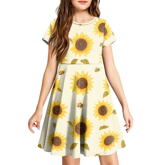 Abcomgle Girls Short Sleeve Dresses Casual A-Line Short Sleeve Midi Dress Sunflower Print Flare Crew Neck Swing Sundresses with Pockets for 4-14t Kids