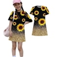 thumbnail image 1 of Abcomgle Girls Short Sleeve Dresses Casual A-Line Short Sleeve Midi Dress Sunflower Print Summer Crew Neck Cute Sundresses for 4-14t Kids, 1 of 6