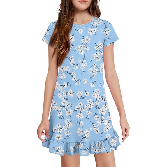 Abcomgle Girls Short Sleeve Dresses Casual A-Line Short Sleeve Tshirt Dresses Vintage Floral Print Holiday Ruffle Hem Swing Skirt with Pockets for 4-14t Kids