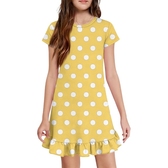 Abcomgle Girls Short Sleeve Summer Dress Kids Casual A-Line Short Sleeve Tshirt Dresses Polka Dot Basic Ruffle Hem Swing Sundresses with Pockets for 4-14t Kids
